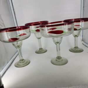 (4) Mexican Hand Blown Glass Margarita Glasses Clear Red Rim With Chili Peppers